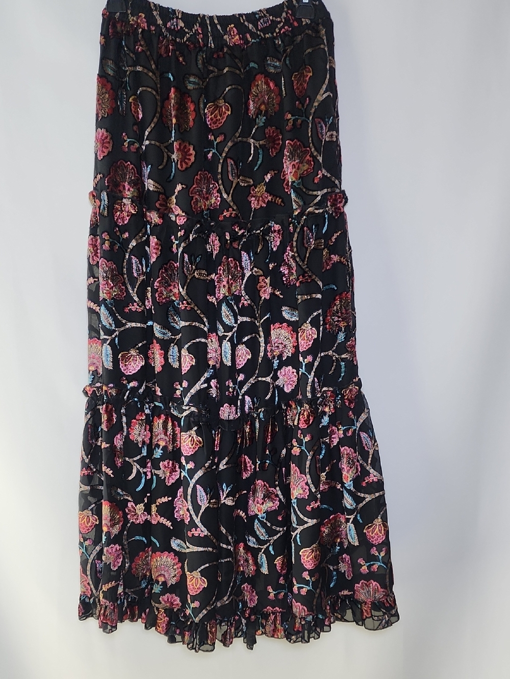 TALISMAN Mantra Floral Velvet Embroided Tiered Maxi Skirt